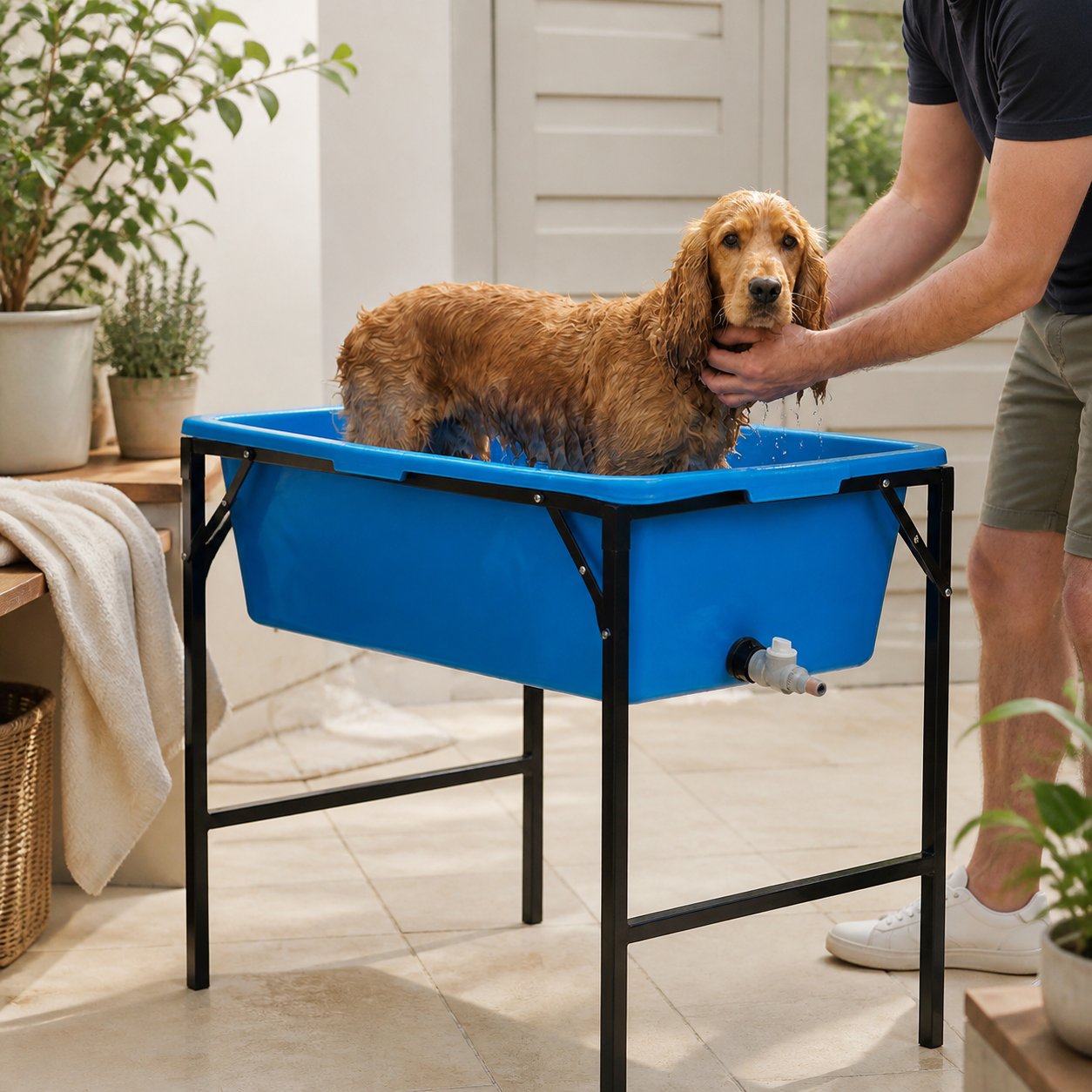 Raised Dog Bath with Folding Stand — 90L — in-room or garden context