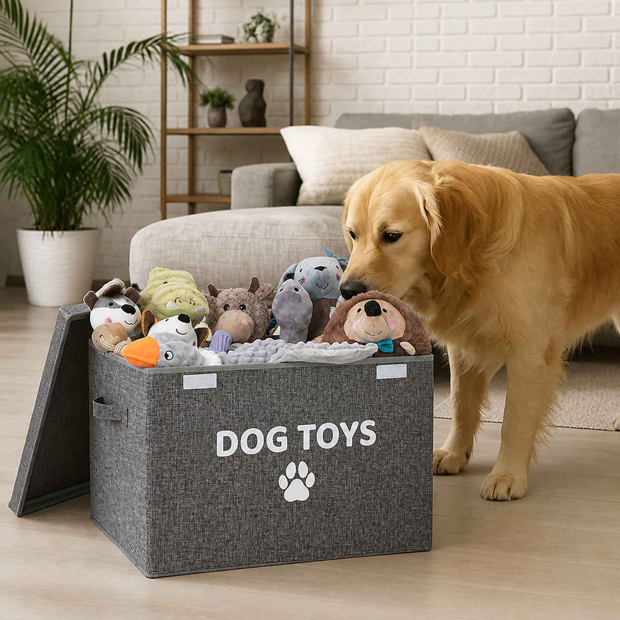 Open dog toy box with toys