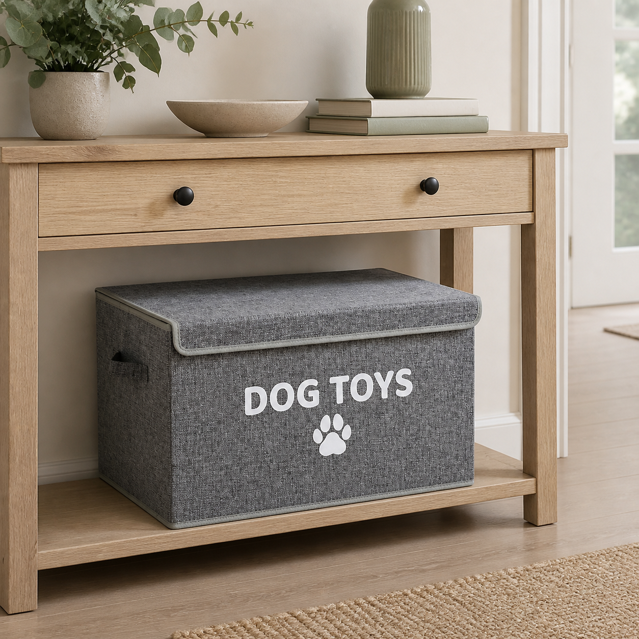 Dog toy storage under console table